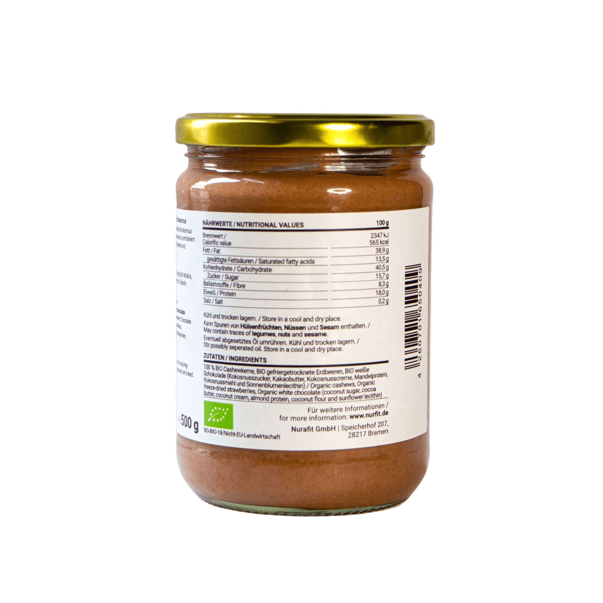 Rückseite des Glases mit Cashew Erdbeer Schokomus. Etikett mit Nährwertangaben, Zutaten und BIO-Siegel. 500g.