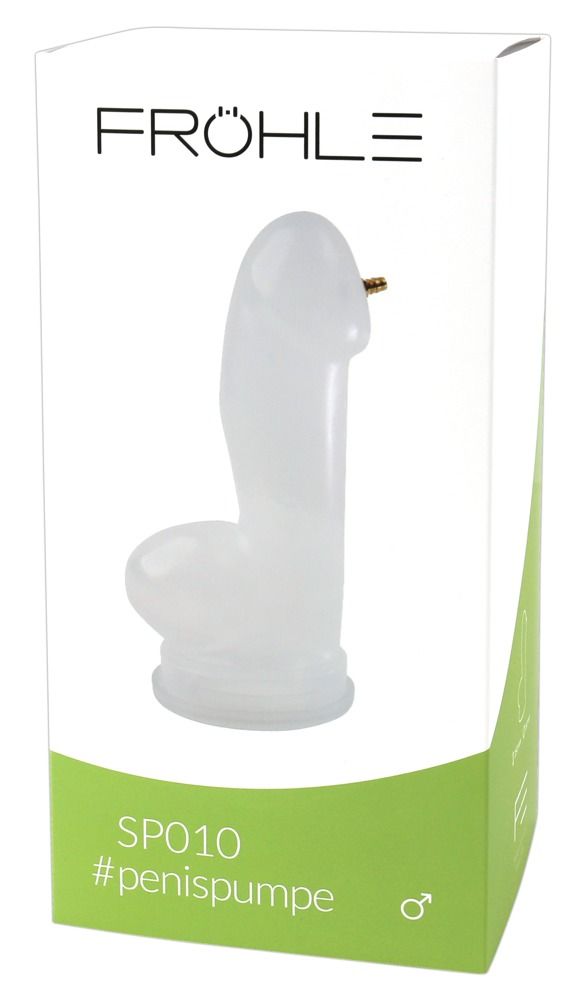 Produkt und Verpackung. PenisZylinder XL neben Box. Box mit Logo, Text und Produktabbildung. Transparentes Material.