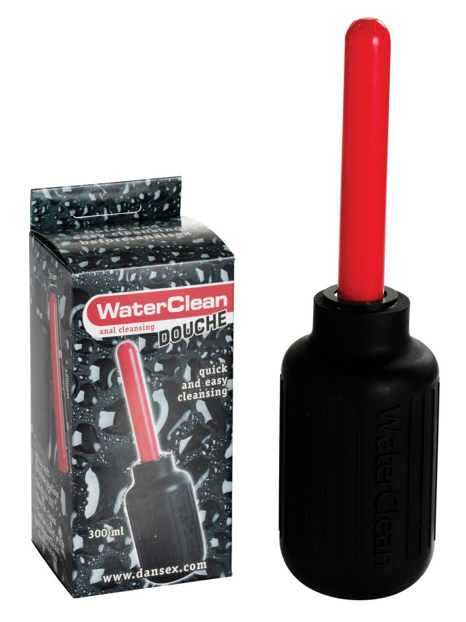 Schwarze Anal-Reinigungsspritze mit roter Spitze und Verpackung. Aufschrift: WaterClean Douche.