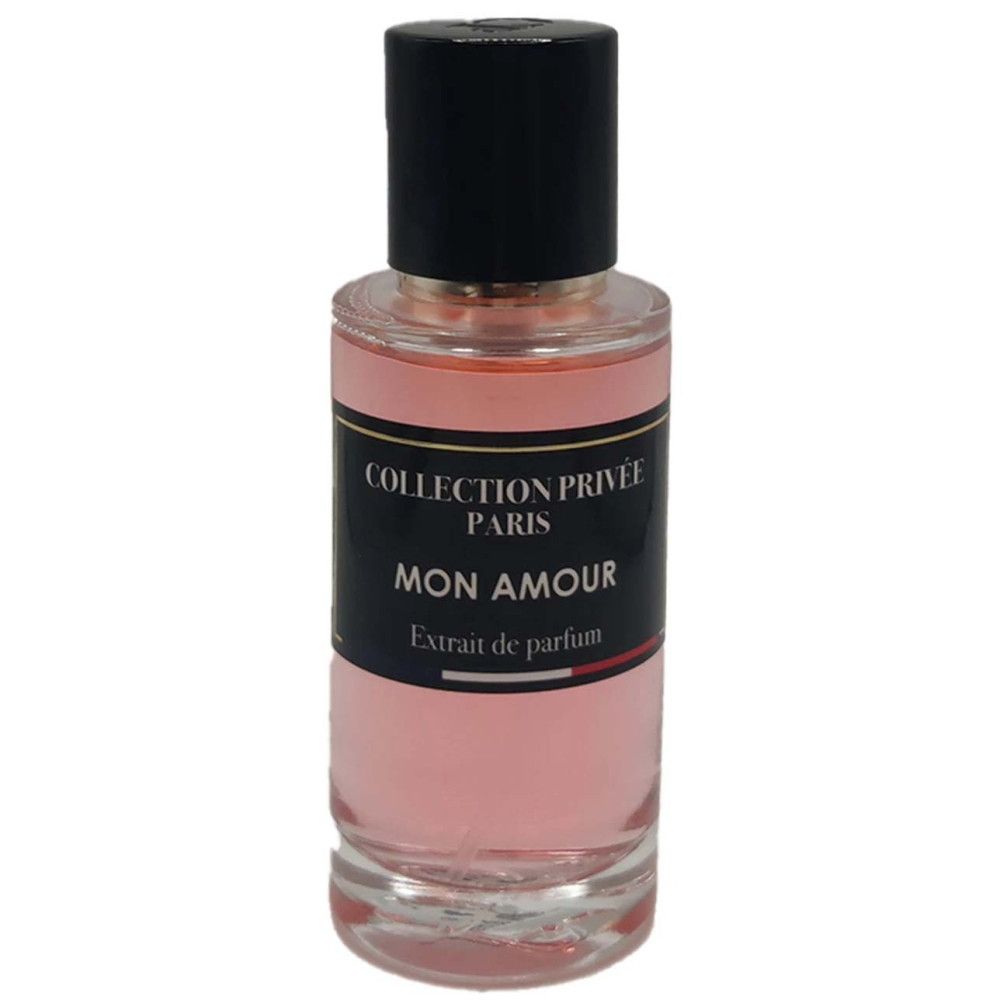 Parfümflakon mit schwarzem Deckel. Aufschrift: Collection Privée Paris, Mon Amour, Extrait de parfum.