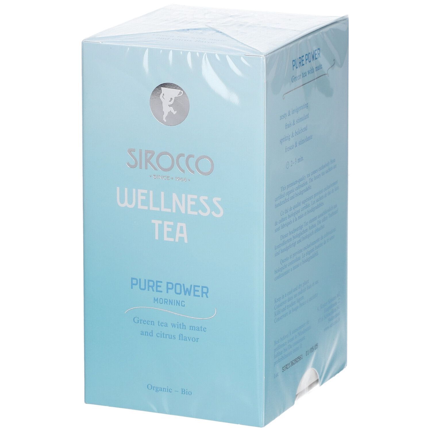 Verpackte, hellblaue Schachtel mit "Sirocco Wellness Tea". Text: "Pure Power Morning". Logo und Schriftzug in Weiß.