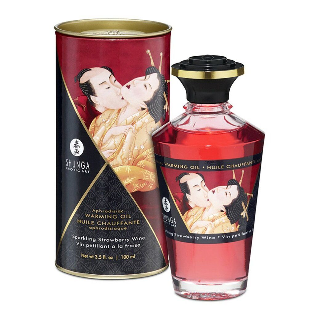 Rote Glasflasche und Dose mit Etiketten. Aufschrift: Shunga, Warming Oil, Erdbeer-Aroma. Abbildung eines küssenden Paares.