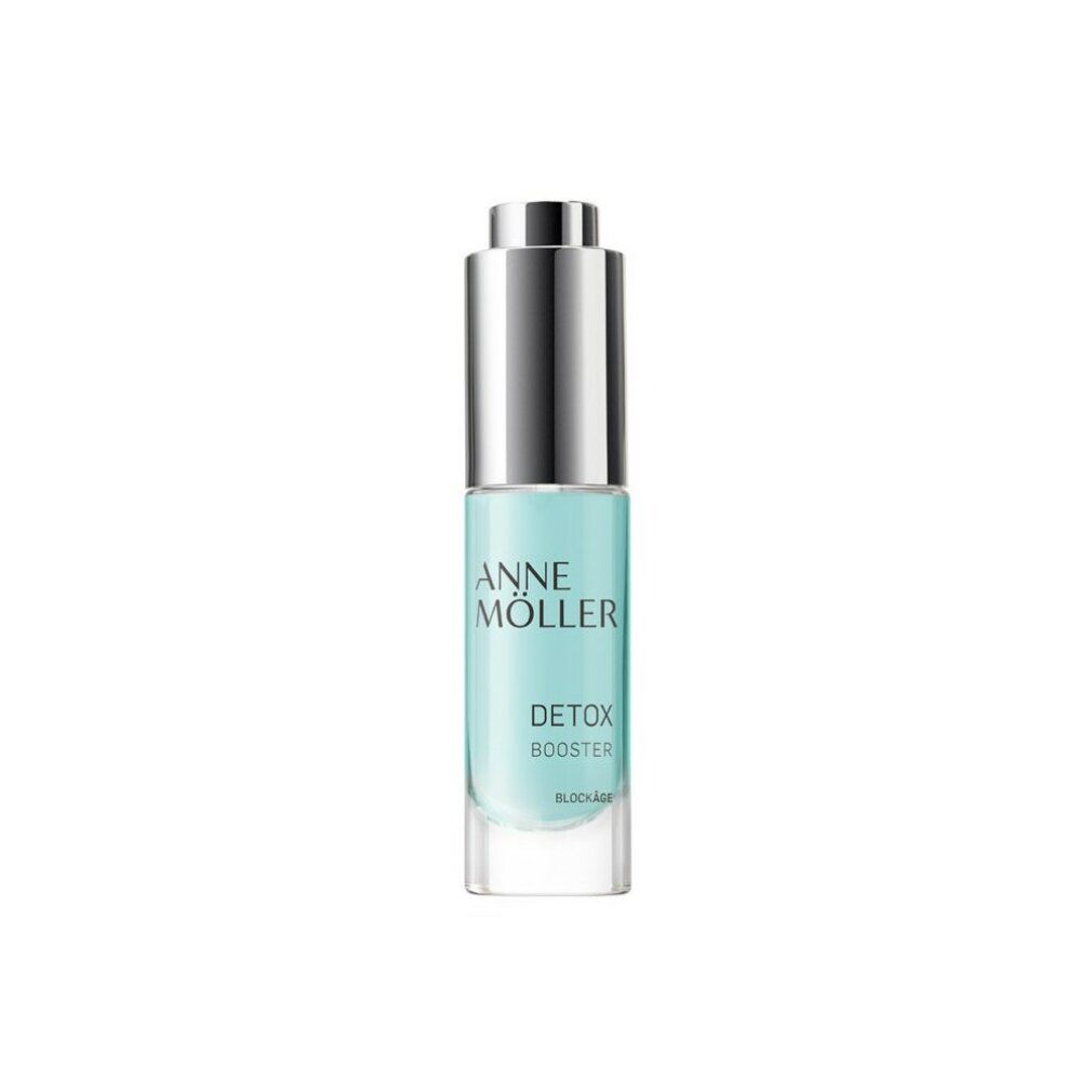 Flakon mit silbernem Verschluss. Aufschrift: Anne Möller Detox Booster. Transparente Flüssigkeit.