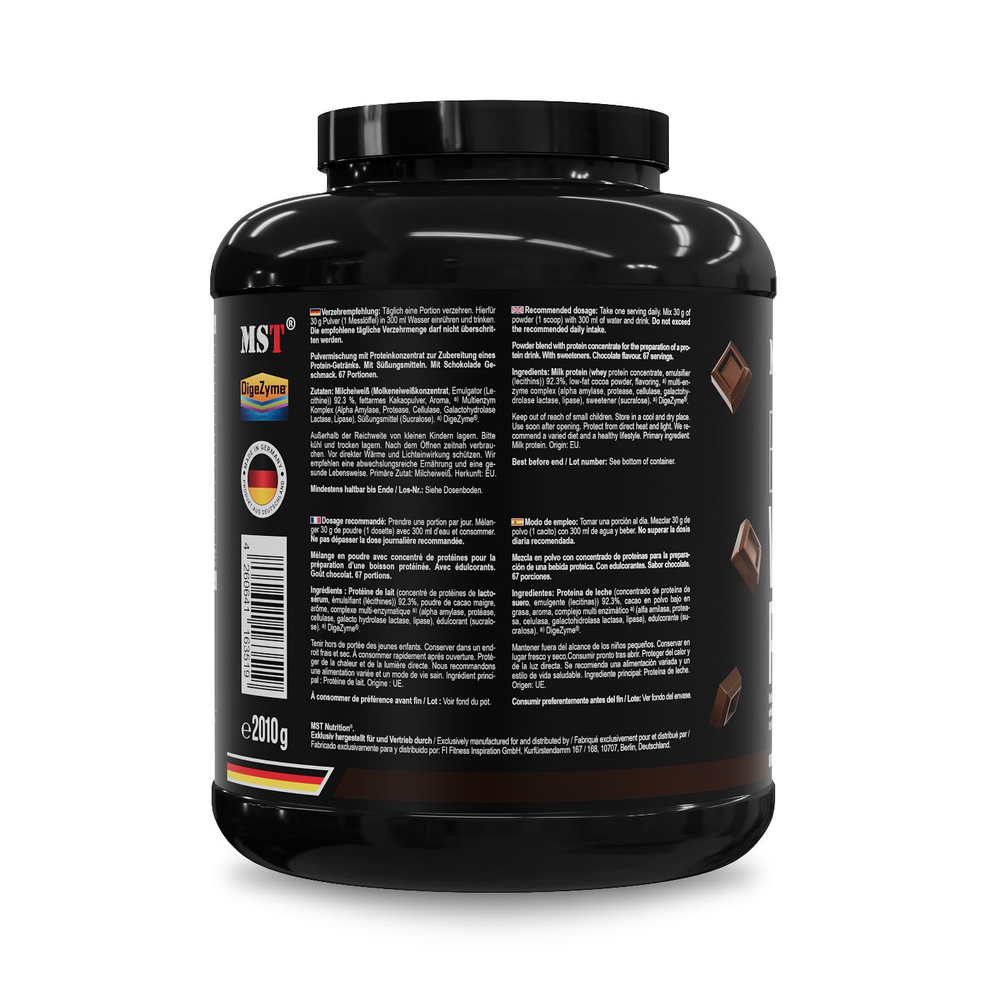 Rückseite der schwarzen Dose MST Best Whey Protein. Text in mehreren Sprachen. Mit Zertifizierungen und Inhaltsangaben.