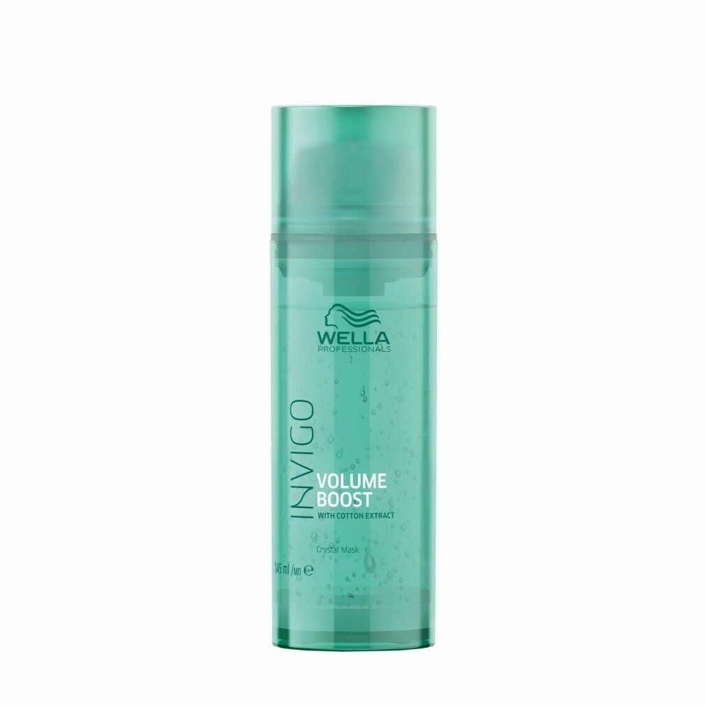 Grüne Flasche mit Wella Invigo Volume Boost Crystal Mask. Text: Invigo, Volume Boost, mit Baumwollextrakt.