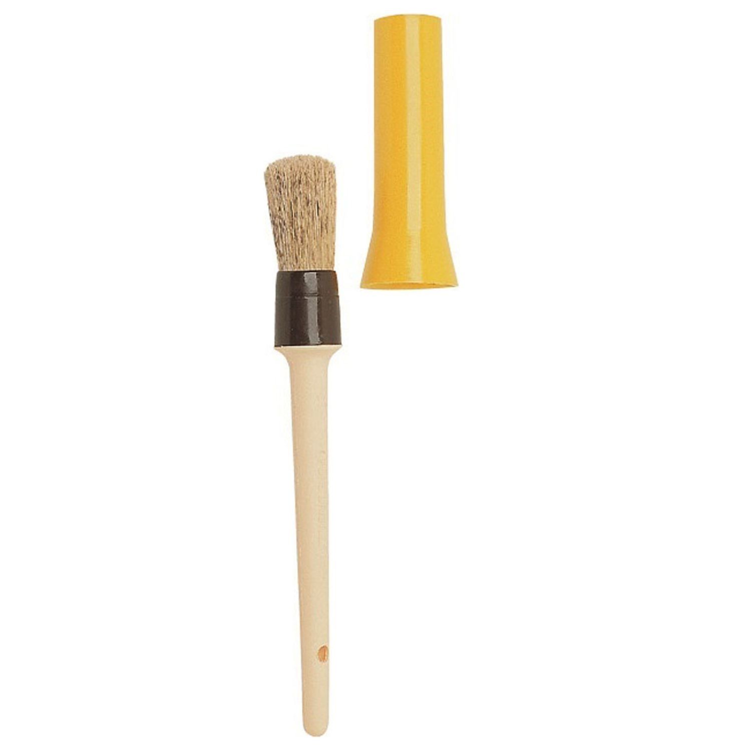 Hufpinsel mit Schutzkappe. Pinsel mit hellem Holzgriff, schwarzem Ansatz und Borsten. Gelbe Schutzkappe daneben.