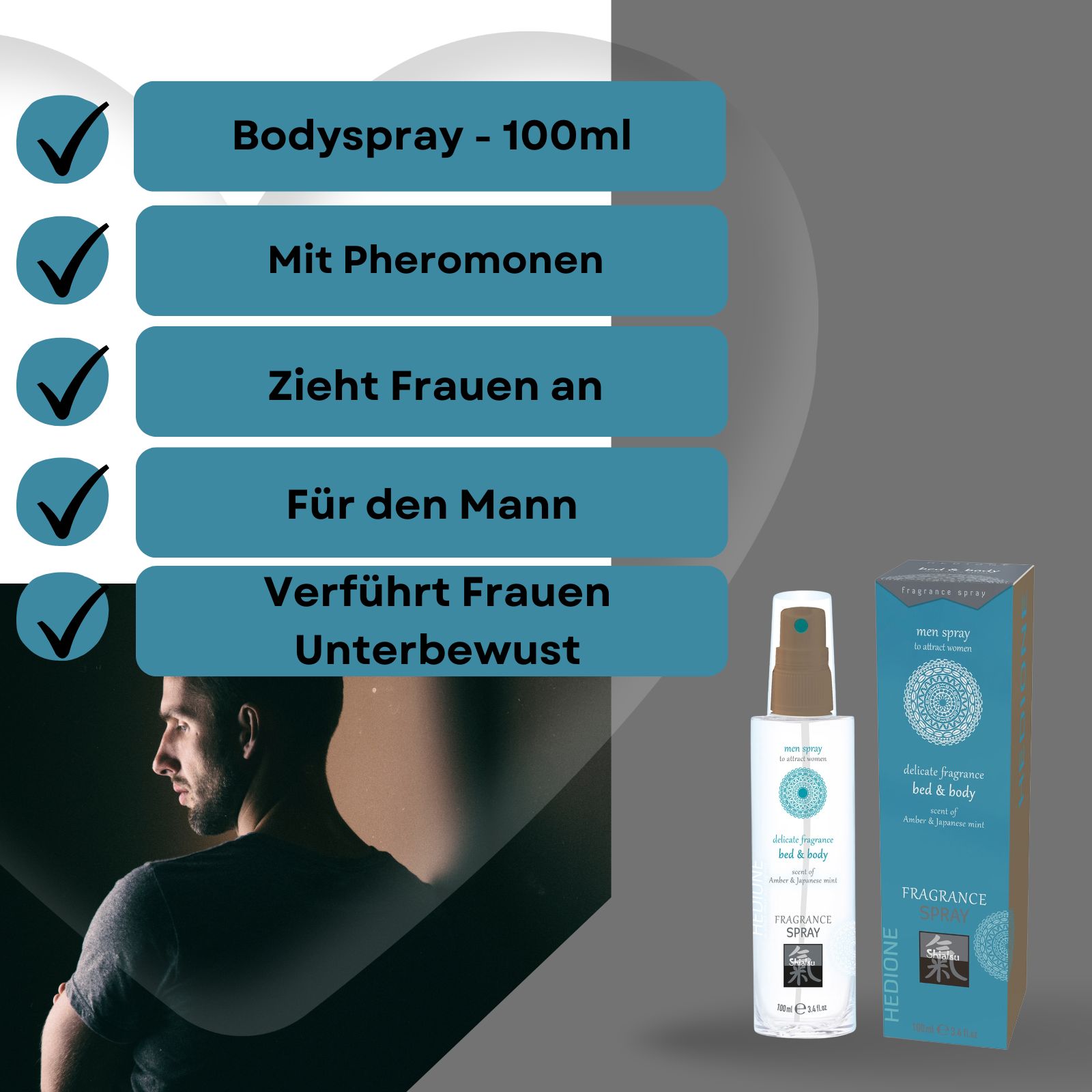 Produkt mit Mann im Hintergrund. Text: Bodyspray 100ml, Mit Pheromonen, Zieht Frauen an, Für den Mann, Verführt Frauen Unterbewusst.