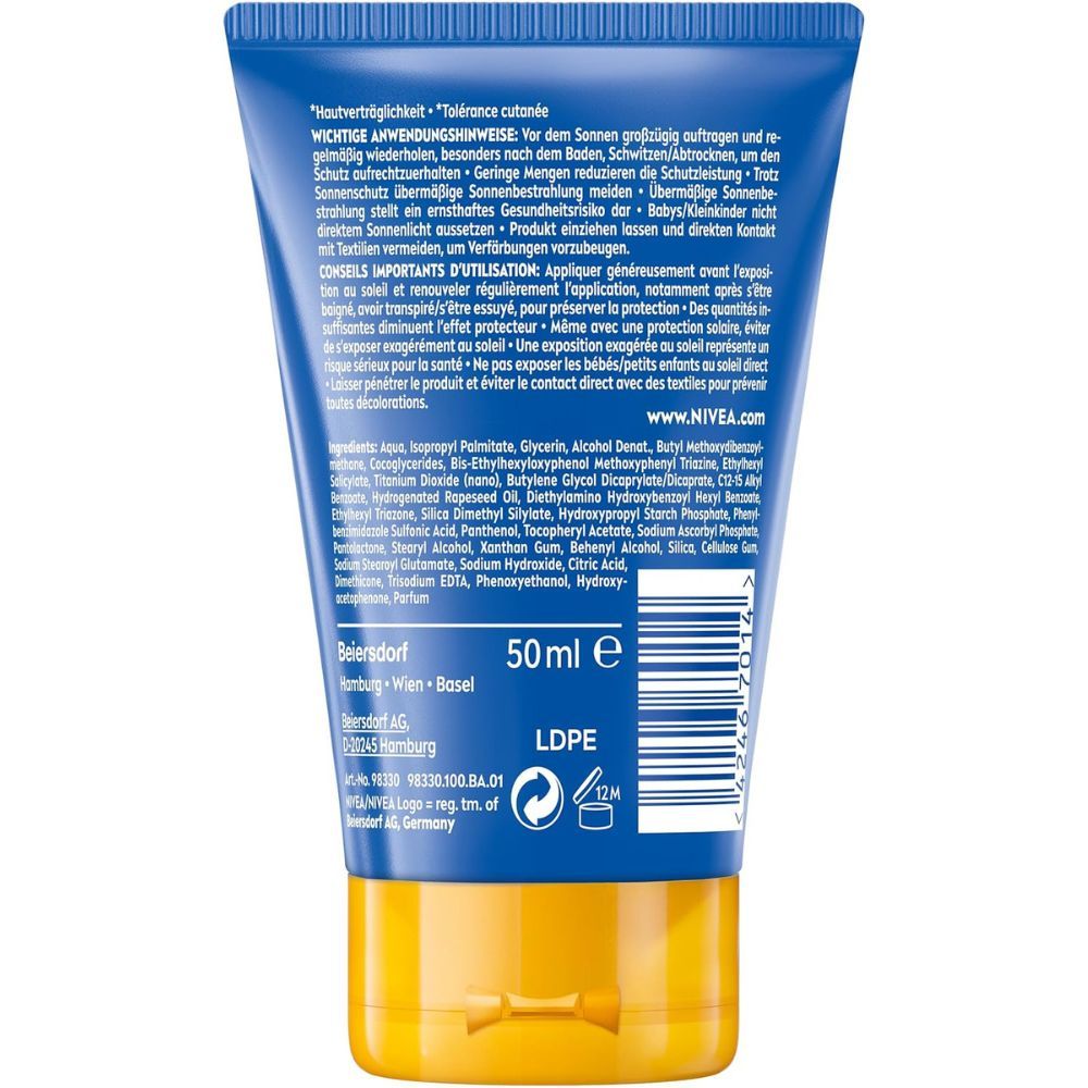 Rückseite der blauen Tube NIVEA Sun Kids To Go. Inhaltsstoffe, Anwendungshinweise. 50ml.