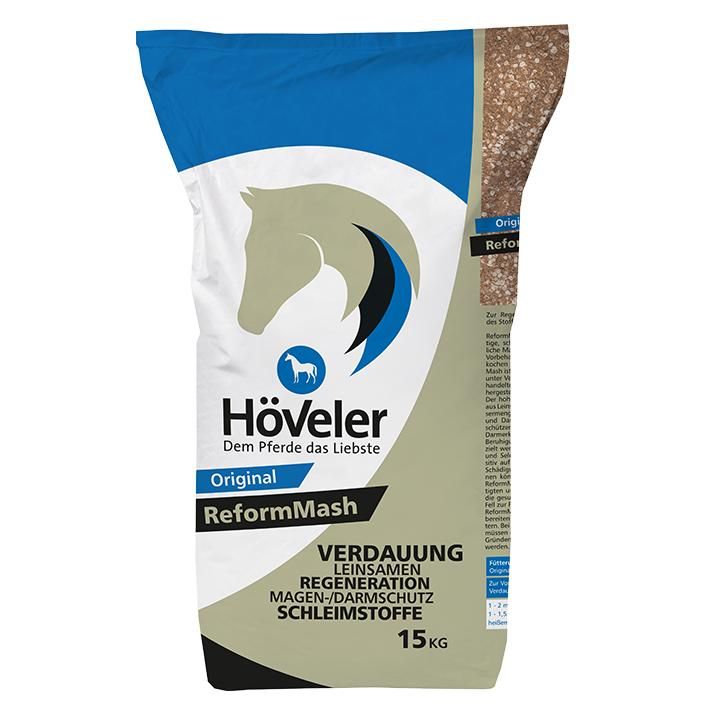 Verpackung von Höveler ReformMash. Blaue und weiße Tasche mit Logo, Text und 15 kg Angabe.