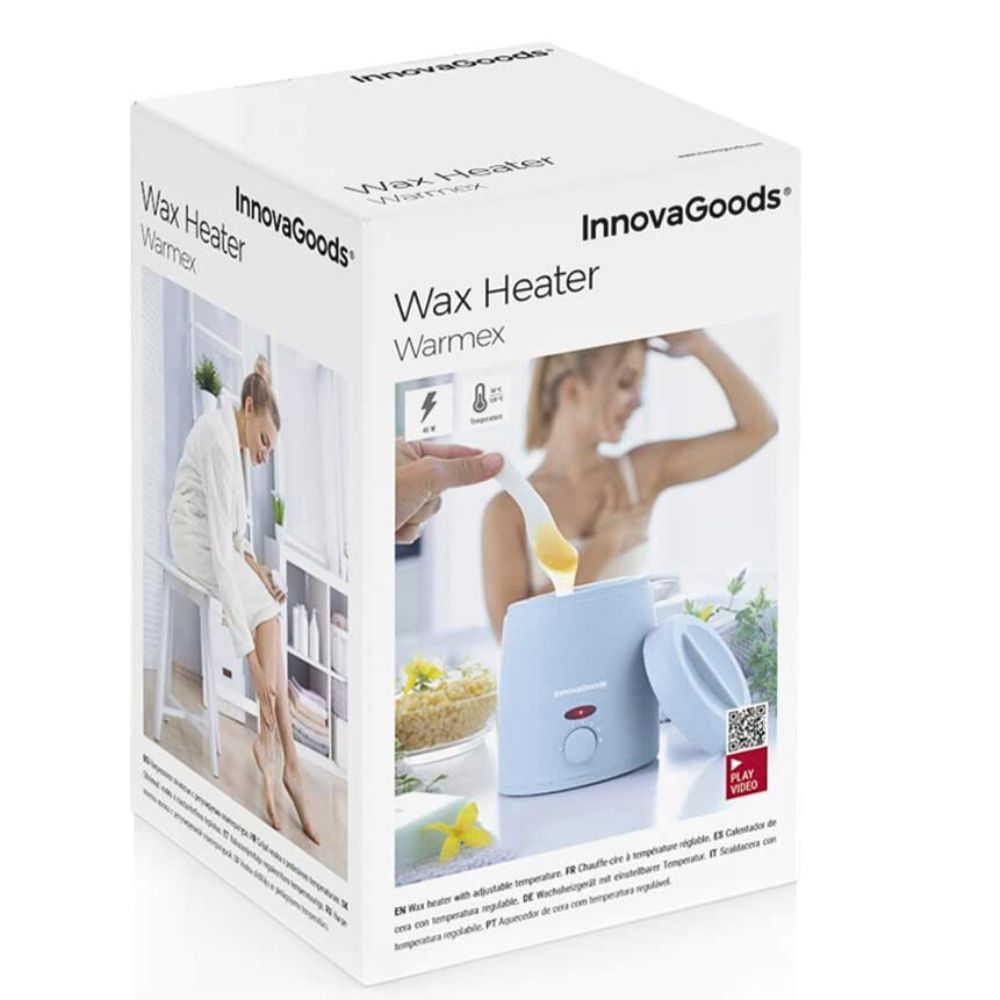 Verpackung des Wachswärmers. Aufdruck: InnovaGoods, Wax Heater Warmex. Abbildung einer Frau bei der Haarentfernung.