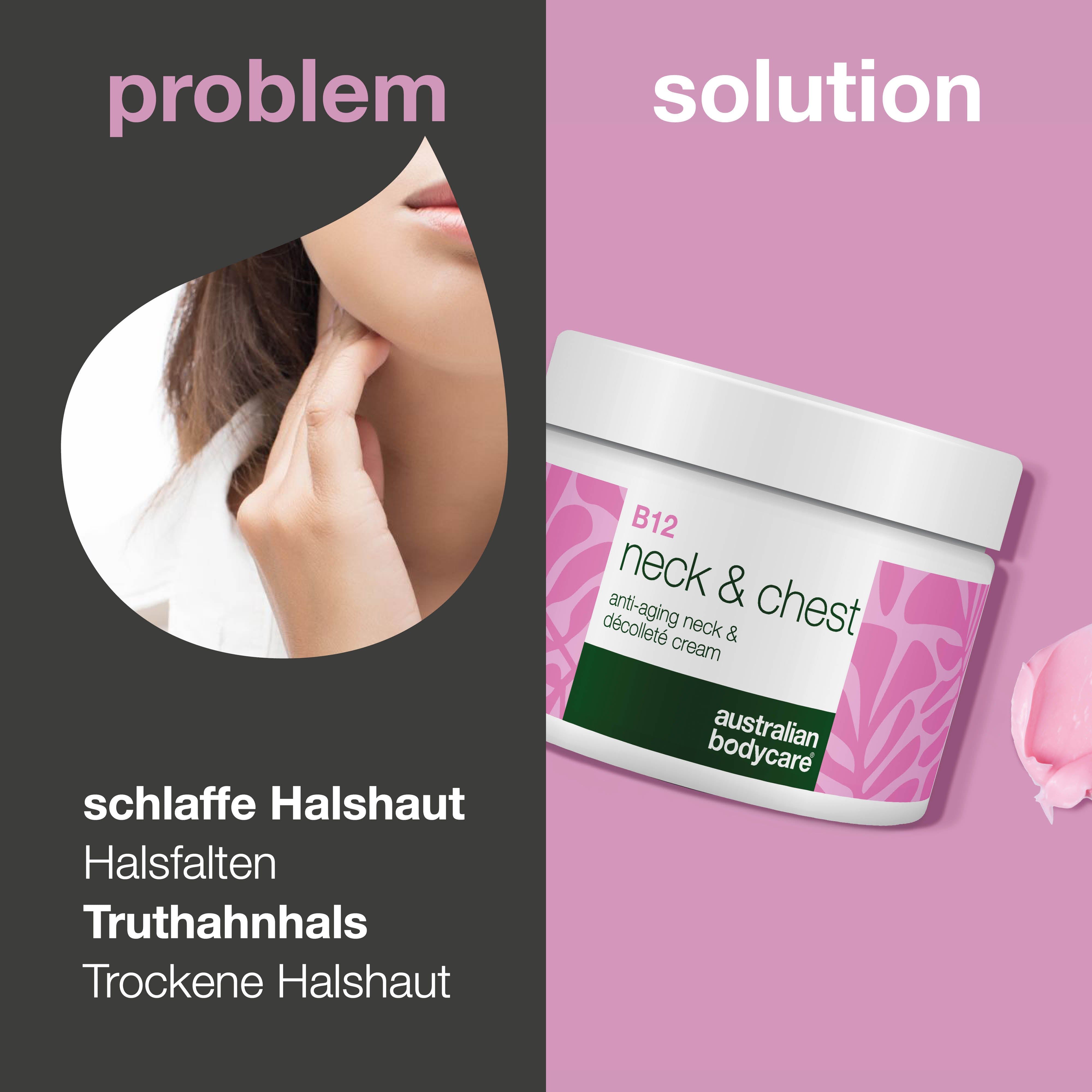 Produkt- und Problemvergleich. Australian Bodycare B12 Creme neben Hals. Text: schlaffe Haut, Falten.