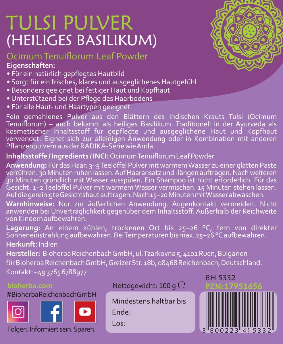 Rückseite eines lila Etiketts. Text: Eigenschaften, Inhaltsstoffe, Anwendung, Warnhinweise, Hersteller. Mindesthaltbarkeit und Chargennummer.