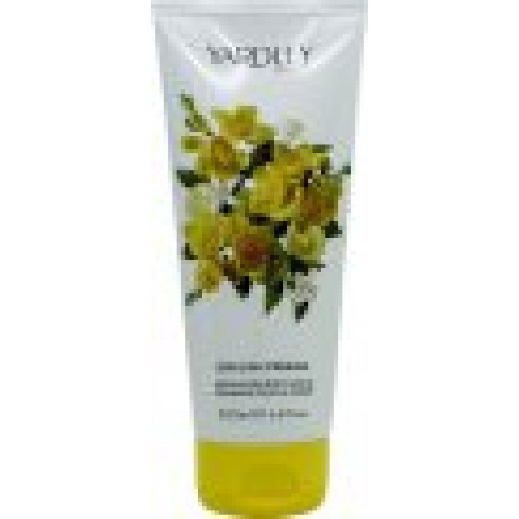 Weiß-gelbe Tube mit floralem Design und Schriftzug. Produktname und Marke sichtbar. Gelber Verschluss.