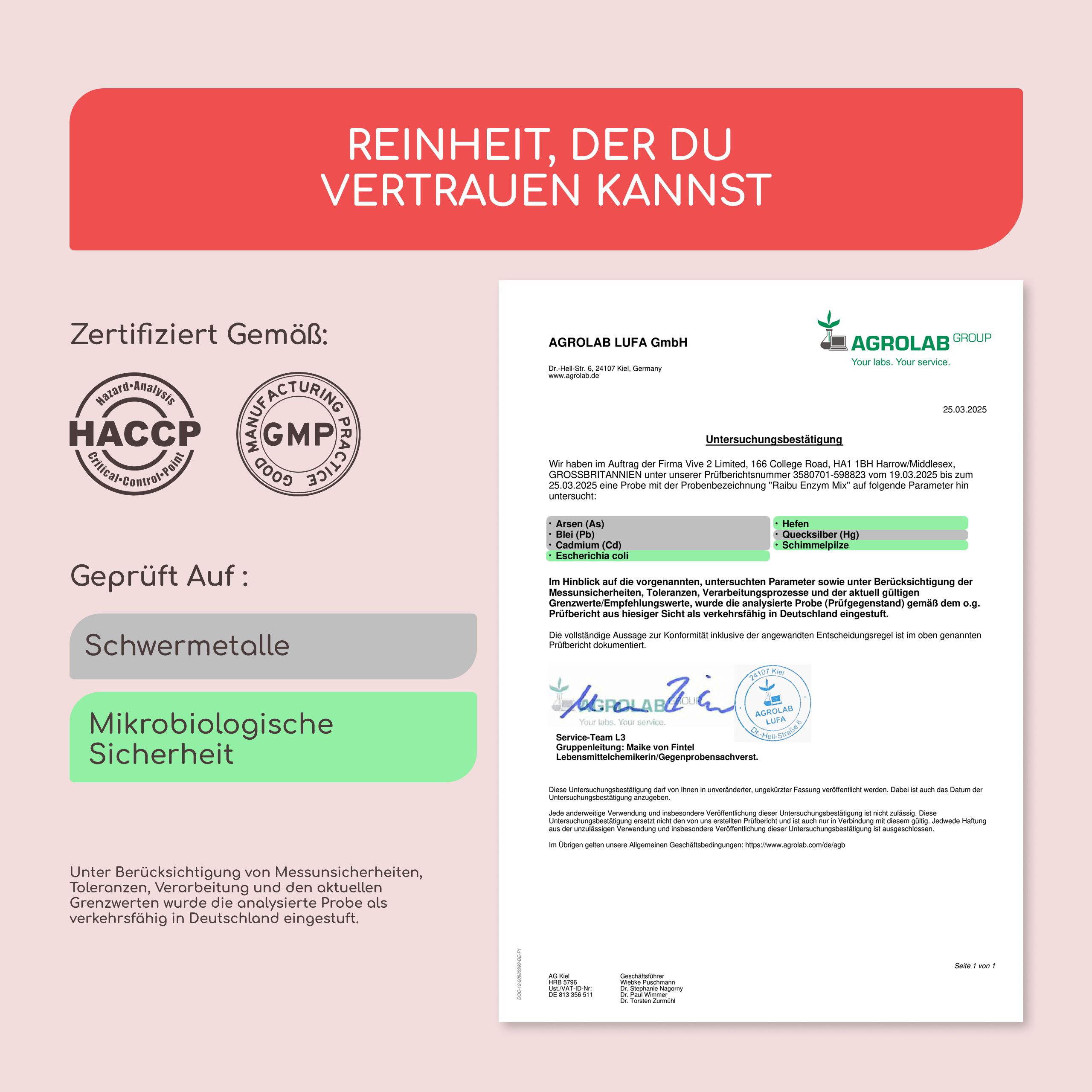 Zertifizierungen und Analysebericht. HACCP, GMP. Mikrobiologische Sicherheit.