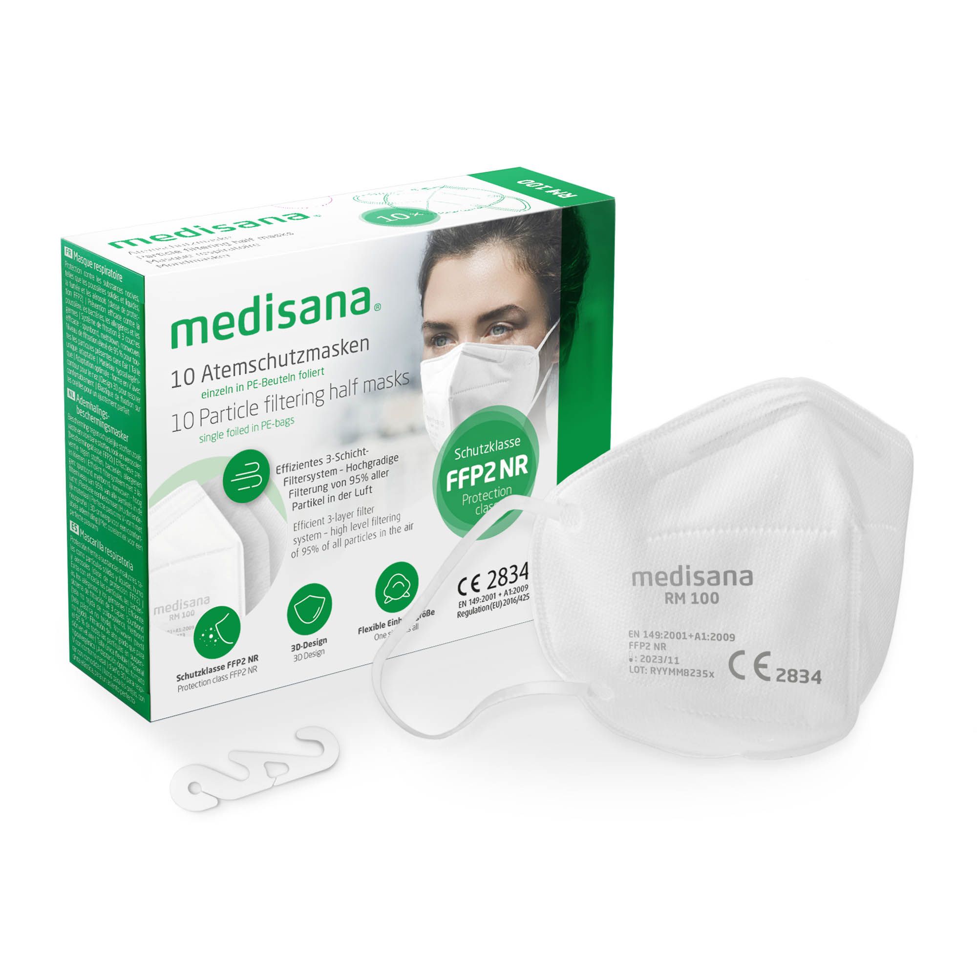 Verpackung mit 10 Atemschutzmasken. Marke medisana. FFP2 NR Schutzklasse. Zubehör: Ohrschlaufe-Halter.