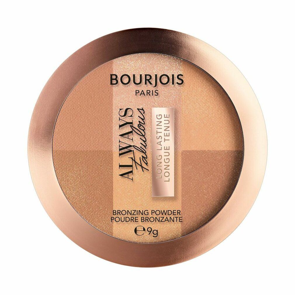 Runder Bronzer-Puder von Bourjois. Vier Farbnuancen, roségoldfarbene Verpackung. Schriftzug: Always Fabulous, Long Lasting.