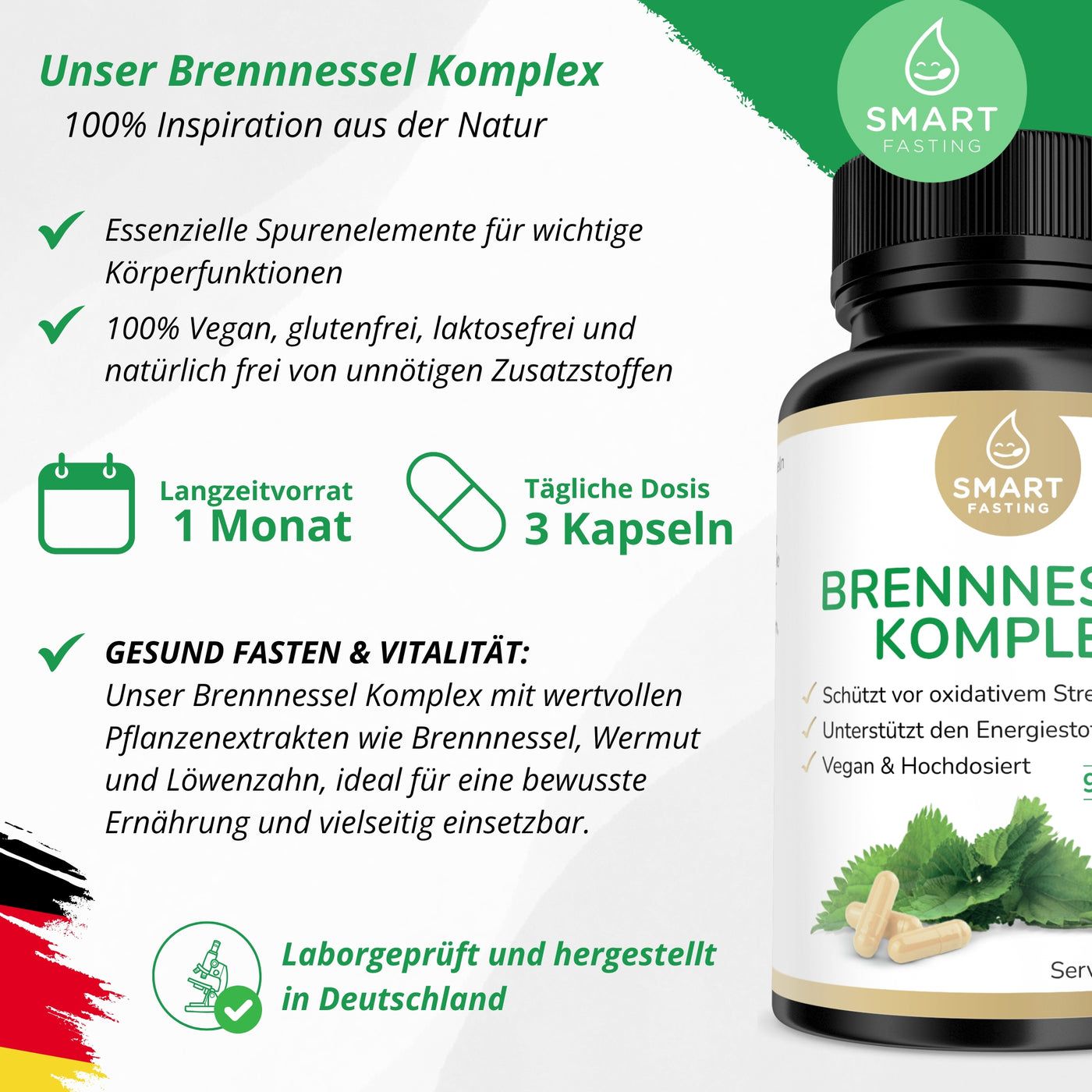 Eine Flasche mit schwarzem Deckel und der Aufschrift "BRENNNESSEL KOMPLEX". Daneben Kapseln und grüne Blätter.