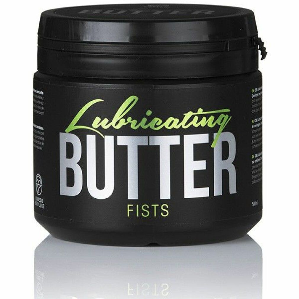 Schwarzer Tiegel mit Deckel. Aufschrift: Lubricating BUTTER, FISTS. Grün und silberne Schrift. Reflektierende Oberfläche.
