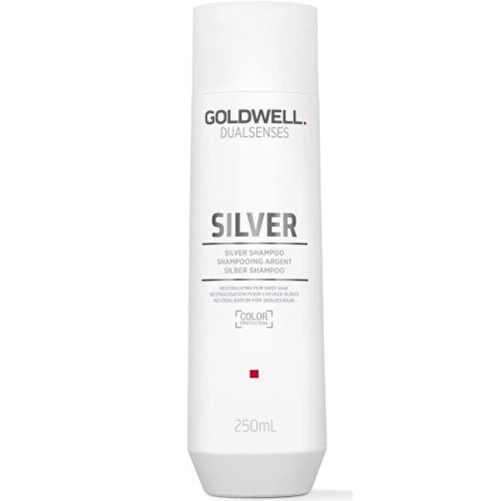 Weißes Shampoo mit Schriftzug GOLDWELL DUALSENSES SILVER. Produktbezeichnung und Logo. Roter Punkt. 250ml.
