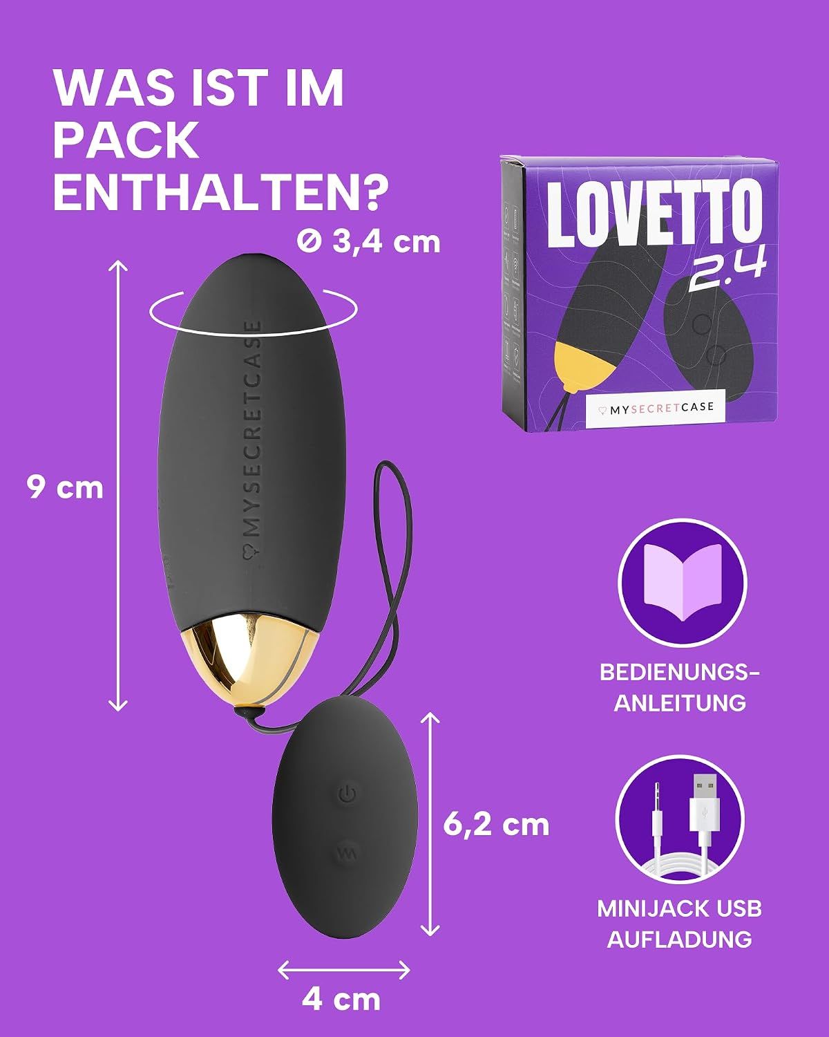 Schwarzer, eiförmiger Vibrator mit goldenem Akzent und Schnur, 9 cm lang.