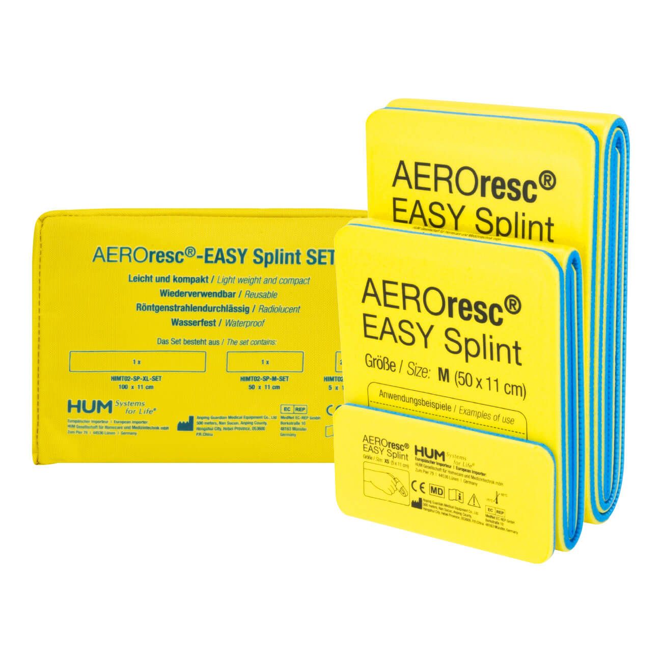 Gelbe AEROresc EASY Splint Universalschienen und Tasche. Text: Leicht und kompakt, wiederverwendbar, wasserfest. CE-Kennzeichnung.