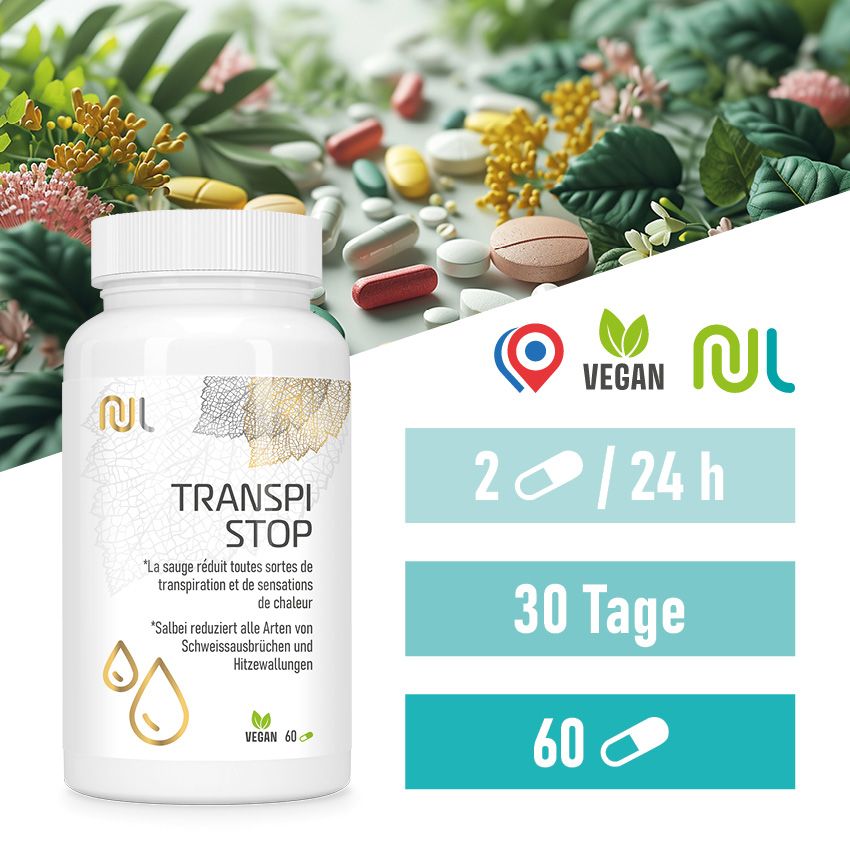 Weiße Flasche mit Kapseln. Aufschrift: TRANSPI STOP, vegan. Zusätzliche Informationen: 2 Kapseln/Tag, 30 Tage, 60 Kapseln.