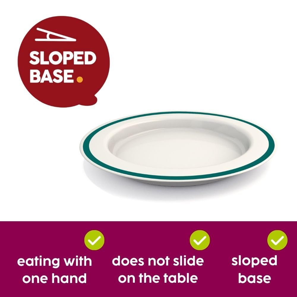 Teller mit schräger Basis. Weiß mit grünem Rand. Text: 'Sloped Base', 'eating with one hand', 'does not slide on the table'.