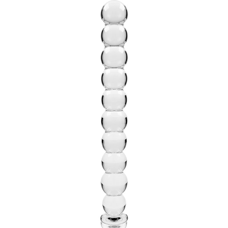 Dildo aus Borosilikatglas. Klares Glas, kugelförmige Elemente. Vertikale Ausrichtung, auf weißem Hintergrund.