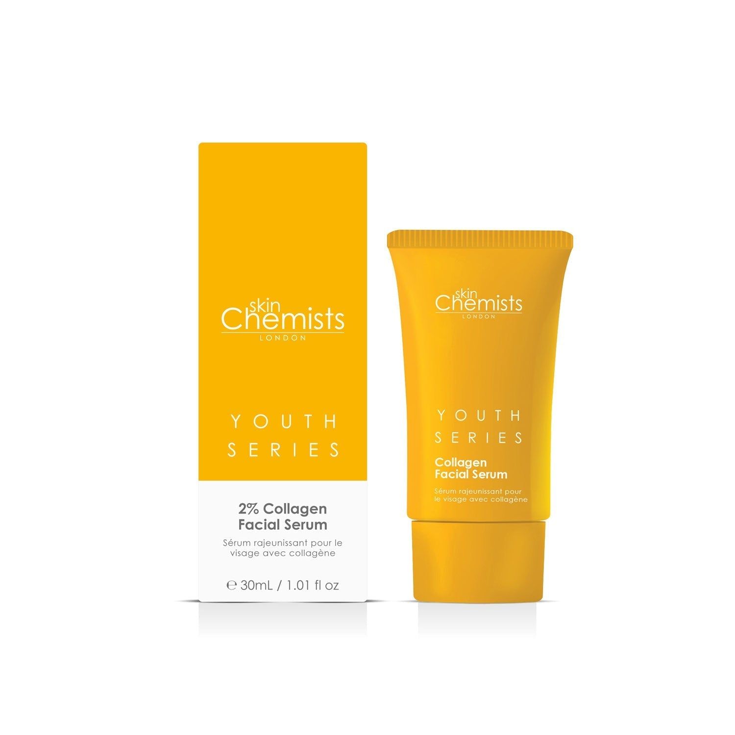Gelbe Tube und Schachtel mit "skinChemists" und "Youth Series Collagen Facial Serum". Aufschrift und Volumenangabe.