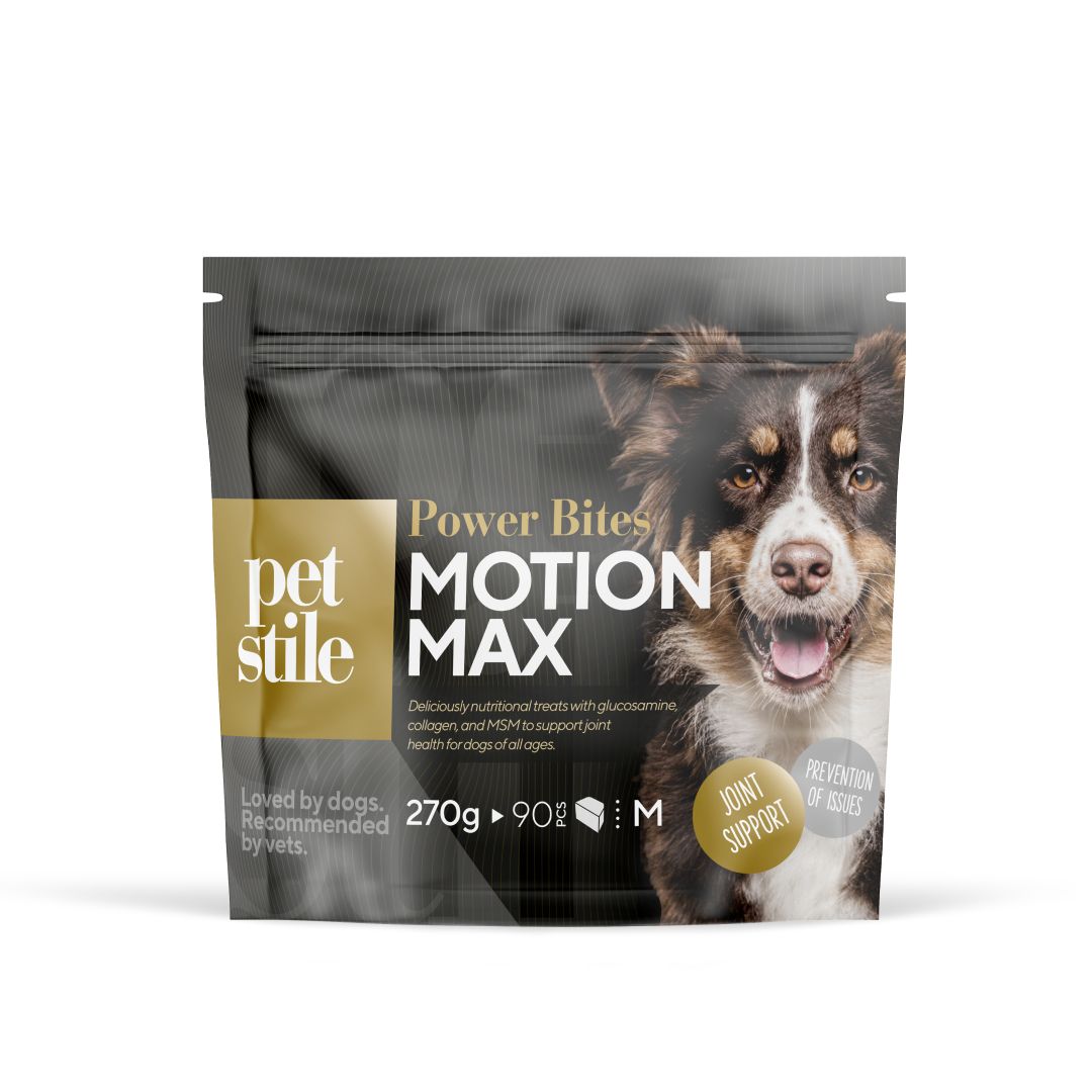 Produktverpackung von Power Bites Motion Max. Enthält 270g, Größe M. Mit Hundefoto und Text: Joint Support, Prevention of Issues.