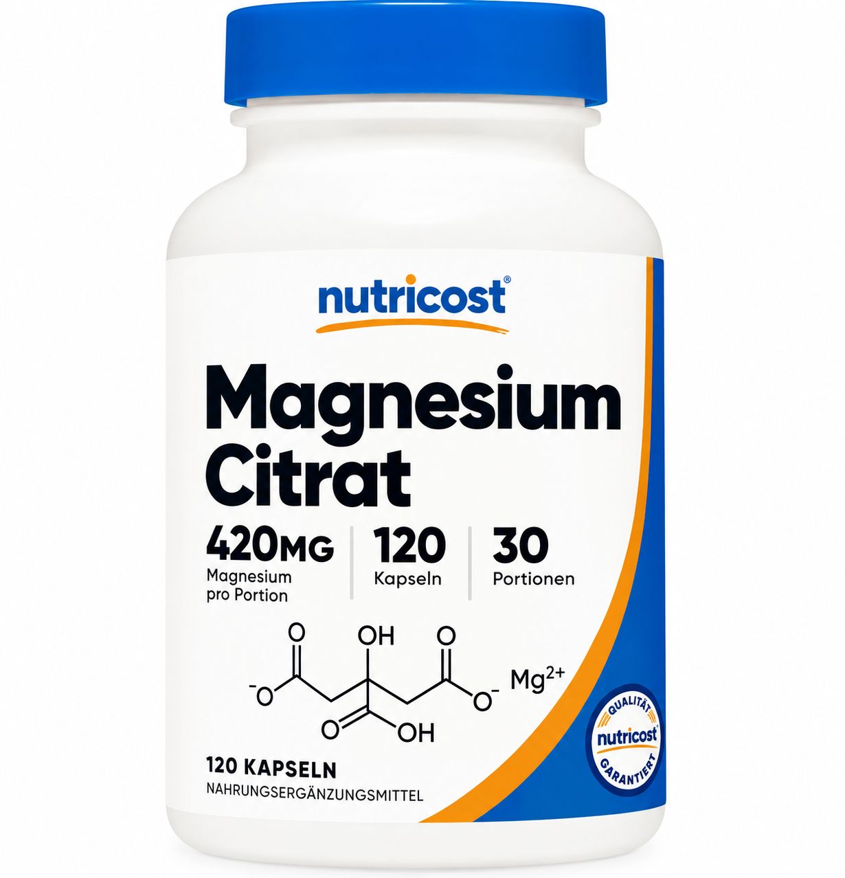 Flasche mit 120 Kapseln Magnesiumcitrat, 420mg pro Portion.
