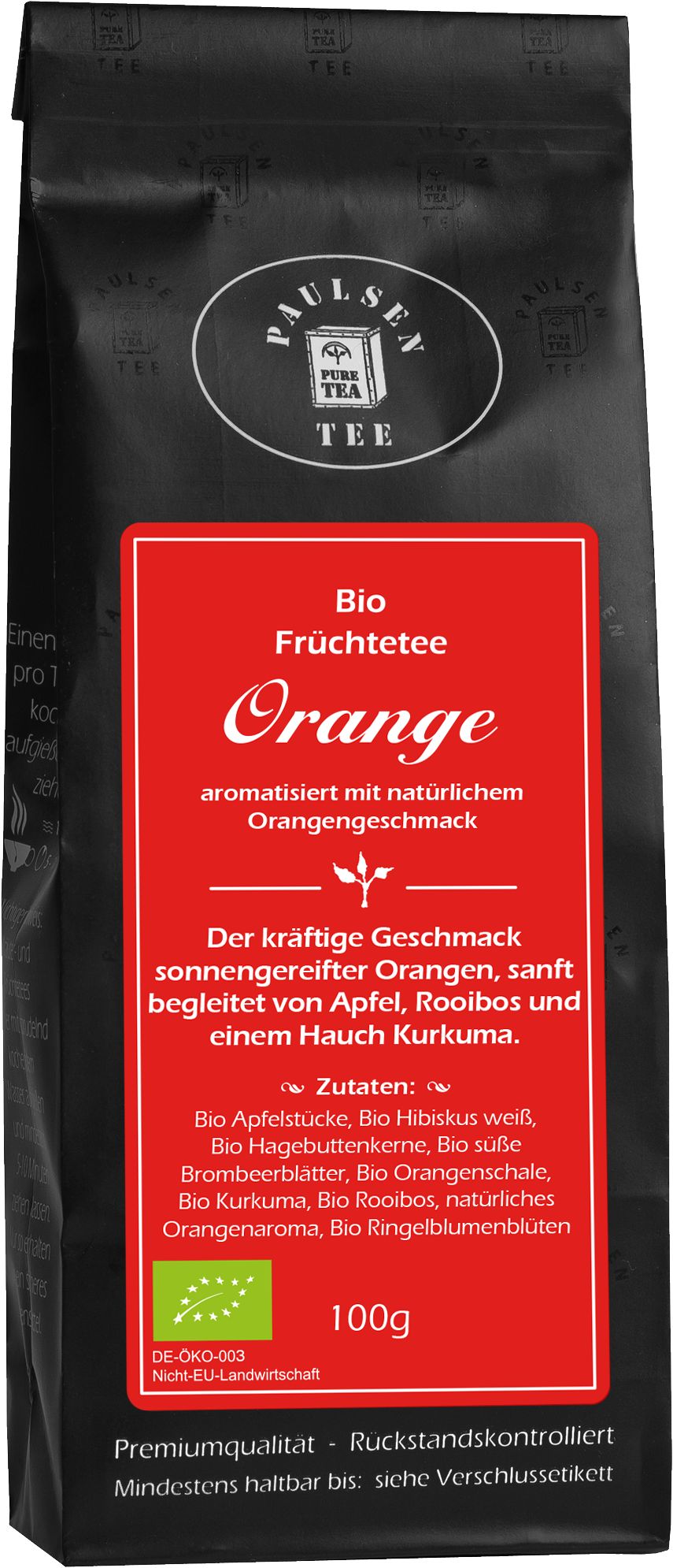Schwarze Verpackung Paulsen Bio Früchtetee Orange. Rotes Etikett mit Produktinformationen und Zutatenliste. DE-ÖKO-003.