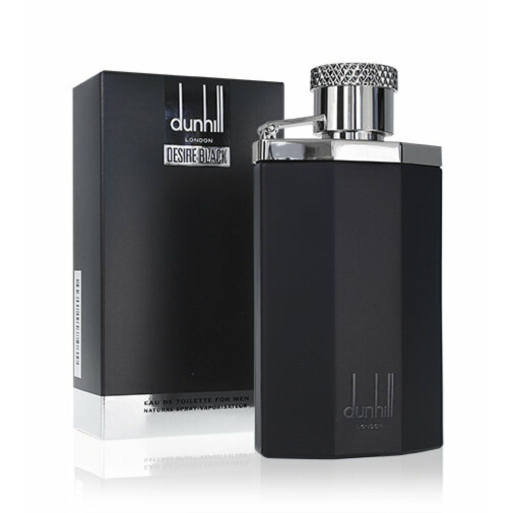 Schwarzer Flakon und Verpackung. Auf der Verpackung steht "dunhill London Desire Black". Der Flakon hat eine rechteckige Form.