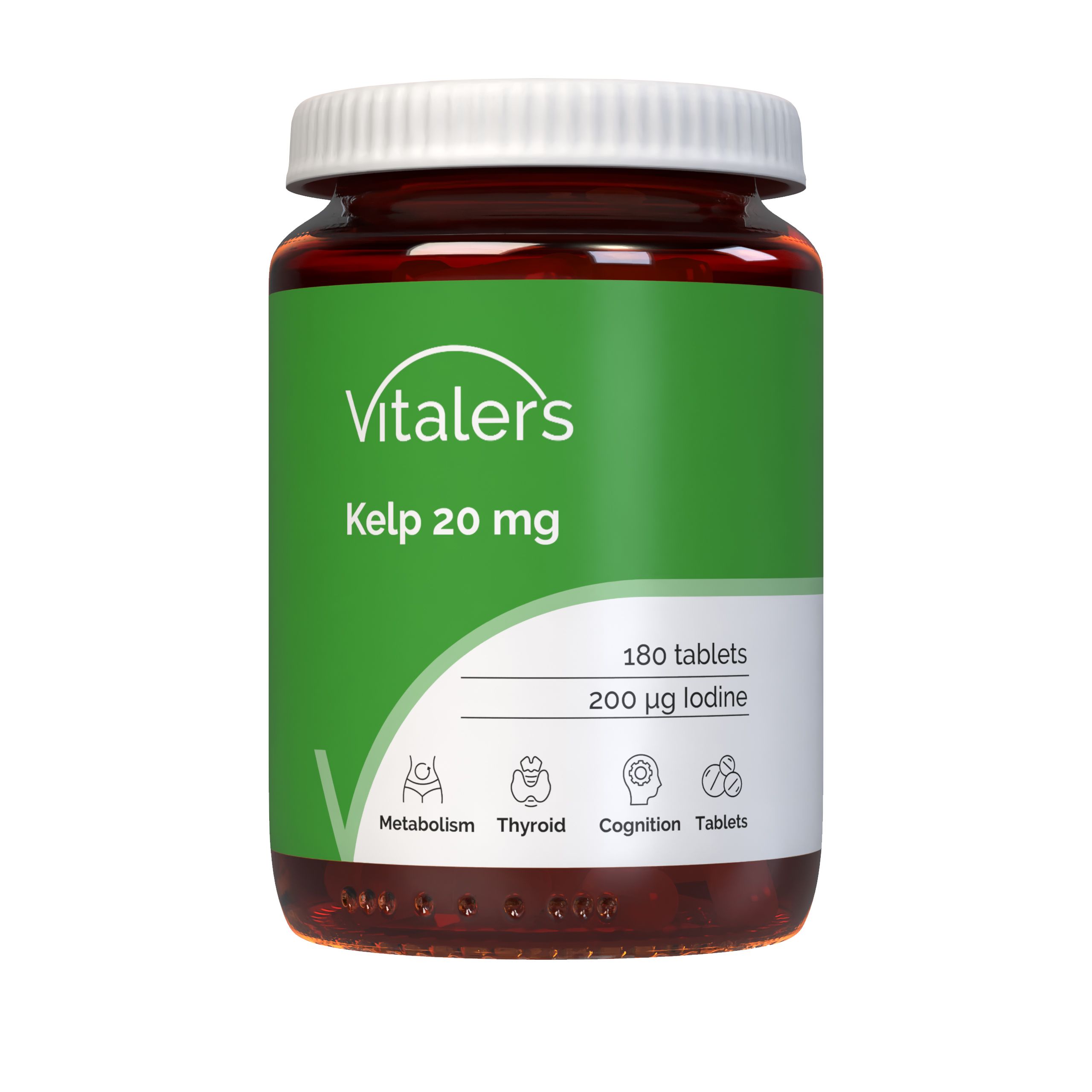 Vitaler's Kelp 20 mg Kapsel. Enthält 180 Tabletten, 200 µg Jod. Unterstützt Stoffwechsel, Schilddrüse, Kognition.