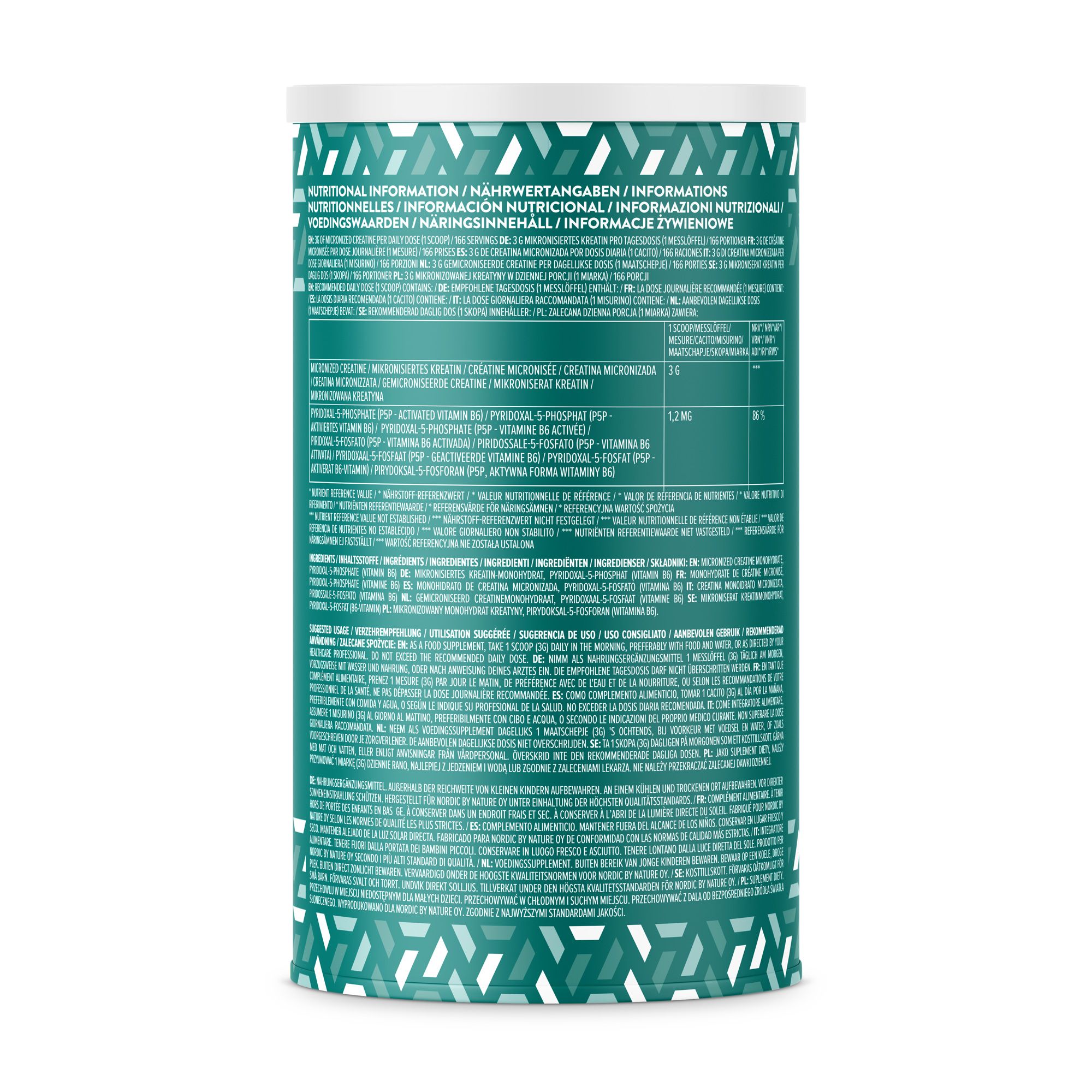 Rückseite der Dose. Text: Nährwertangaben, Inhaltsstoffe. Grün-weißes Muster.