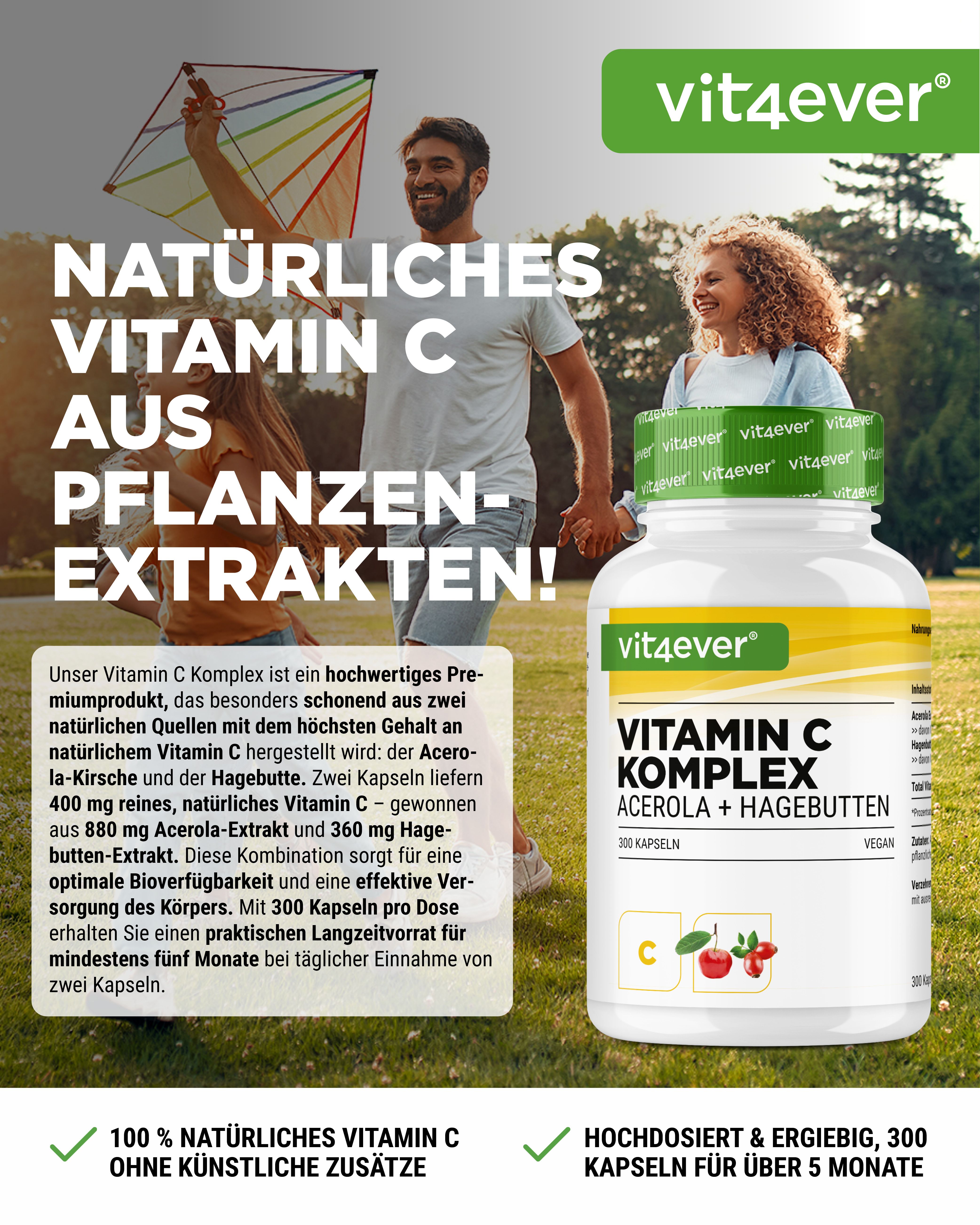 Produktflasche mit Aufschrift Vitamin C Komplex, Acerola + Hagebutten. Text: Natürliches Vitamin C aus Pflanzenextrakten. 300 Kapseln.