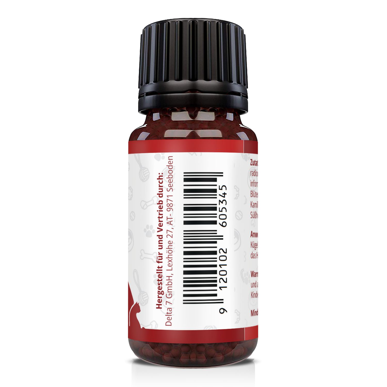 Braune Glasflasche mit schwarzem Deckel. Aufschrift: Animal Pro, JCKRZ Kügelchen, Nahrungsergänzungsmittel, Inhalt 10g. Rückseite mit Barcode und Herstellerangaben.