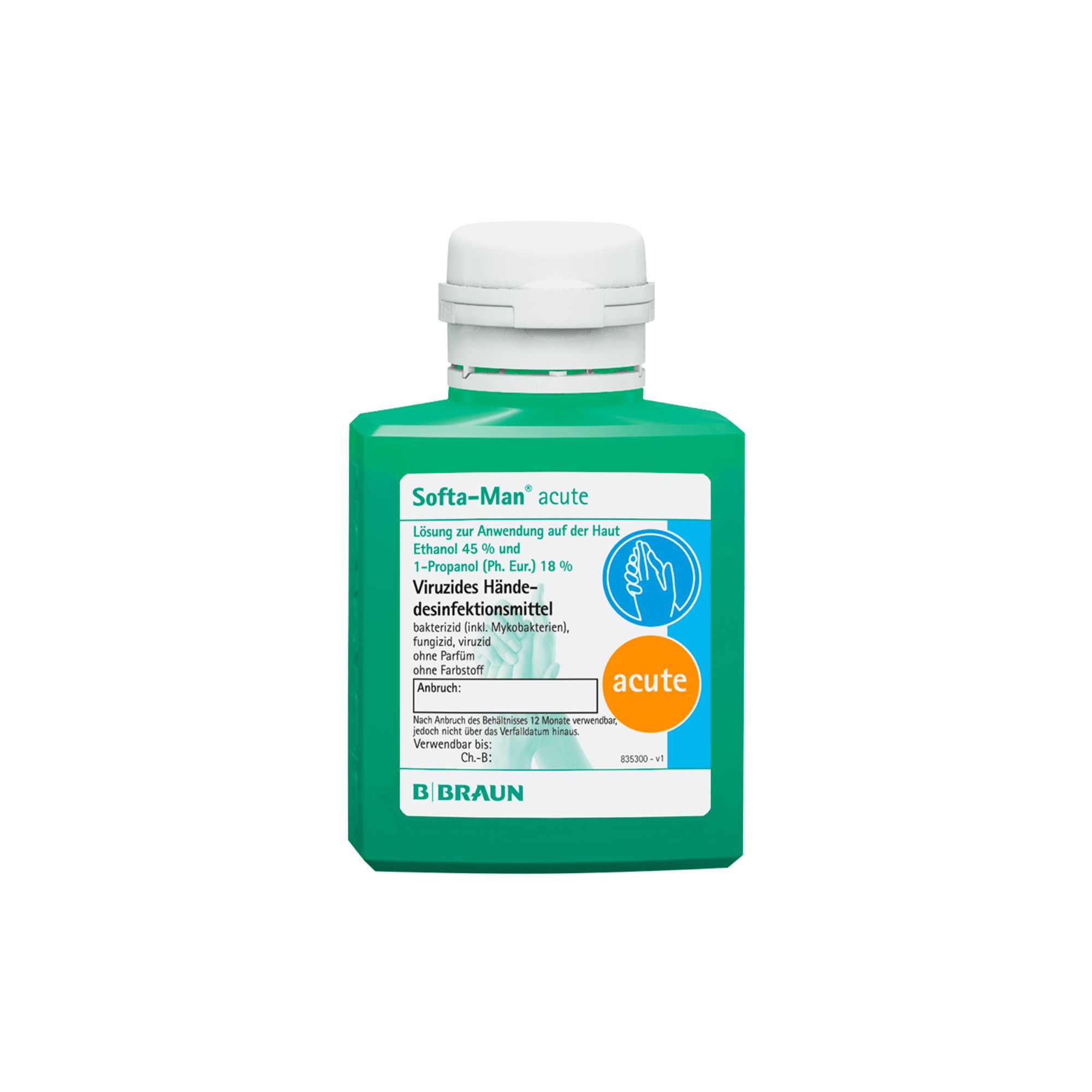 Grüne Flasche mit weißem Deckel. Aufschrift: Softa-Man acute. Etikett mit Produktinformationen und Logo von B. Braun.