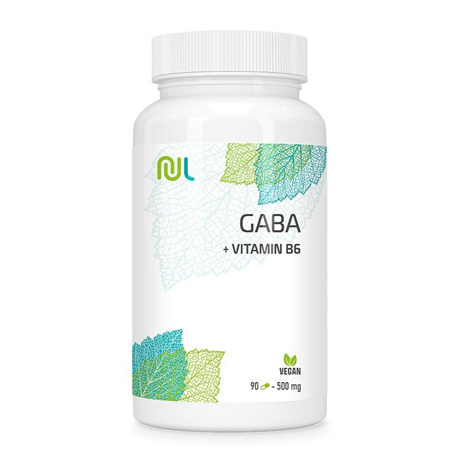 Weiße Flasche mit Aufschrift GABA + Vitamin B6. Grün-blaue Blätter-Design. Vegan-Siegel. 90 Kapseln.