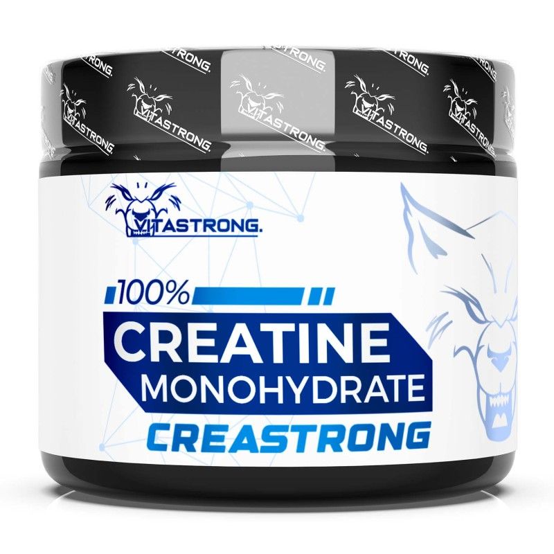 Vitastrong Creatin Creastrong® Dose. Schwarzer Deckel, weißes Etikett mit Logo und Produktnamen.