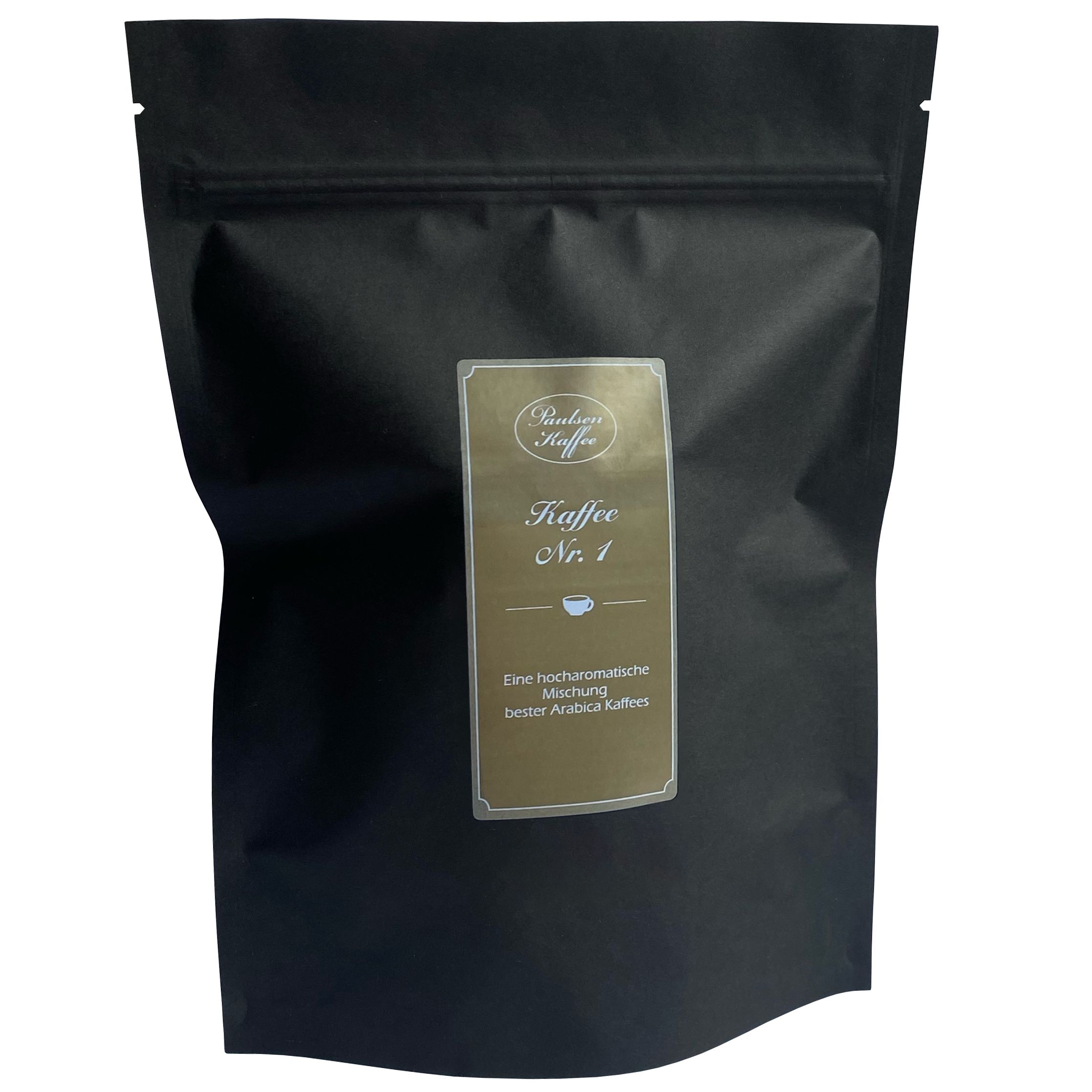 Schwarzer Beutel mit Etikett. Aufschrift: Paulsen Kaffee Nr. 1. Eine hocharomantische Mischung bester Arabica Kaffees.