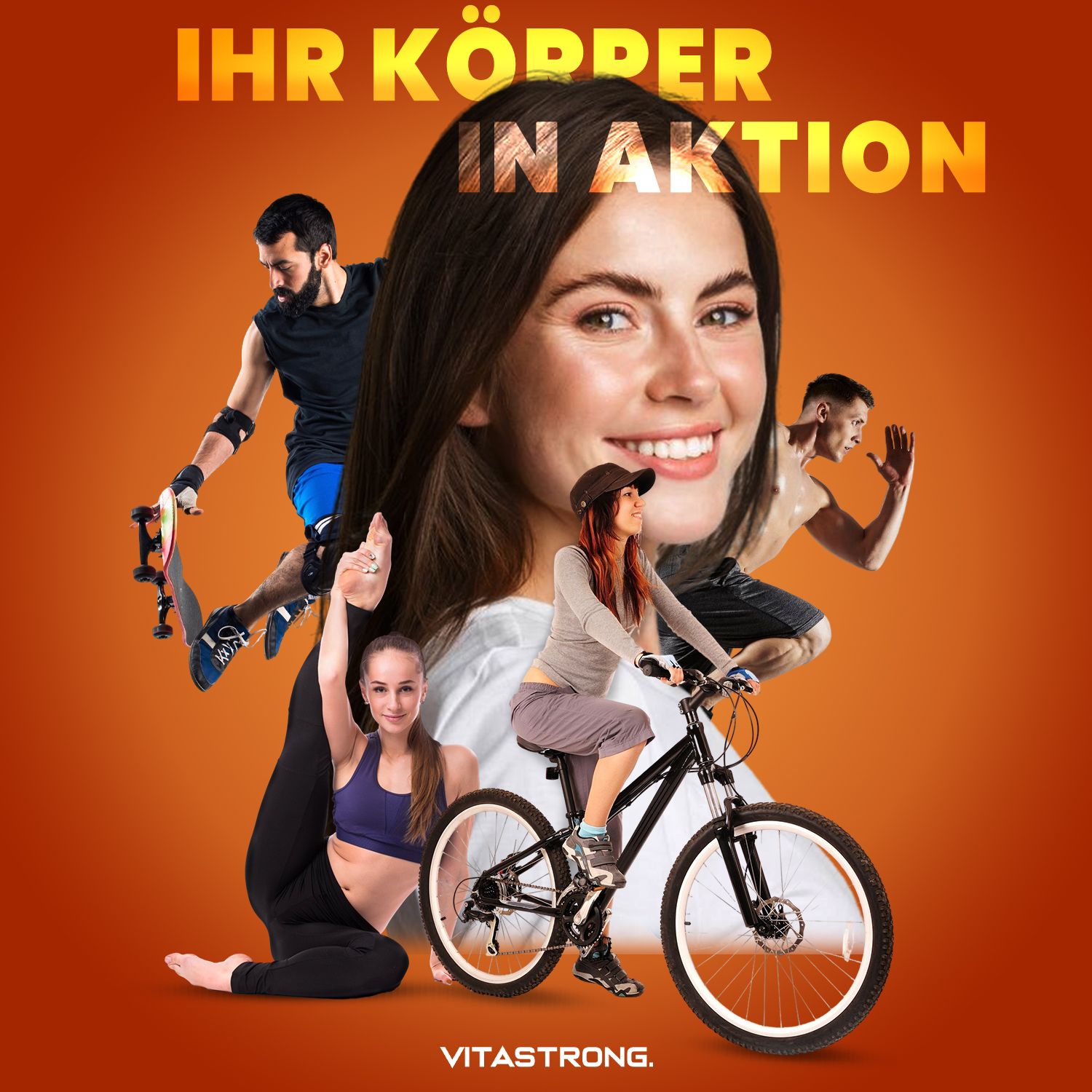 Personen in Bewegung vor orangefarbenem Hintergrund. Vitastrong-Flasche mit Glucosamin + Chondroitin. Aufschrift: 120 Tabletten. Vitastrong-Logo.