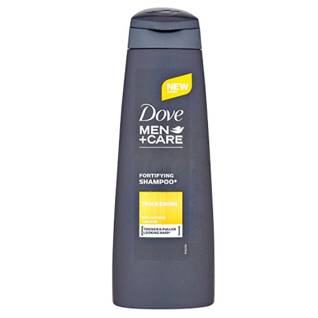 Dunkelgraue Shampoo-Flasche mit schwarzem Deckel. Gelbes Etikett mit Schriftzug 'Thickening' und 'Dove Men+Care'.