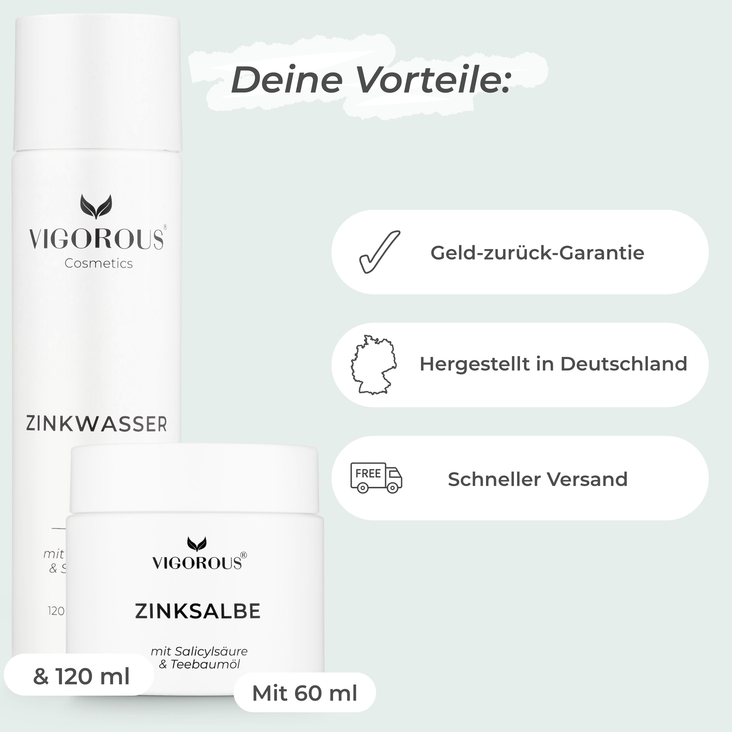 Zinkwasser und Zinksalbe. Weiße Flaschen und Tiegel. Text: Geld-zurück-Garantie, hergestellt in Deutschland, schneller Versand.