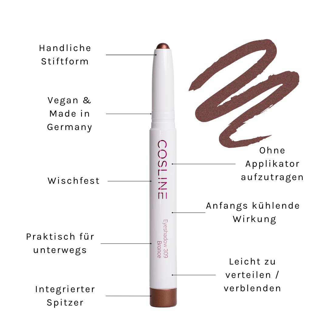 Weißer Stift-Lidschatten von Cosline. Bronze-Farbe. Vegan & Made in Germany. Integrierter Spitzer. Ohne Applikator. Kühlende Wirkung.