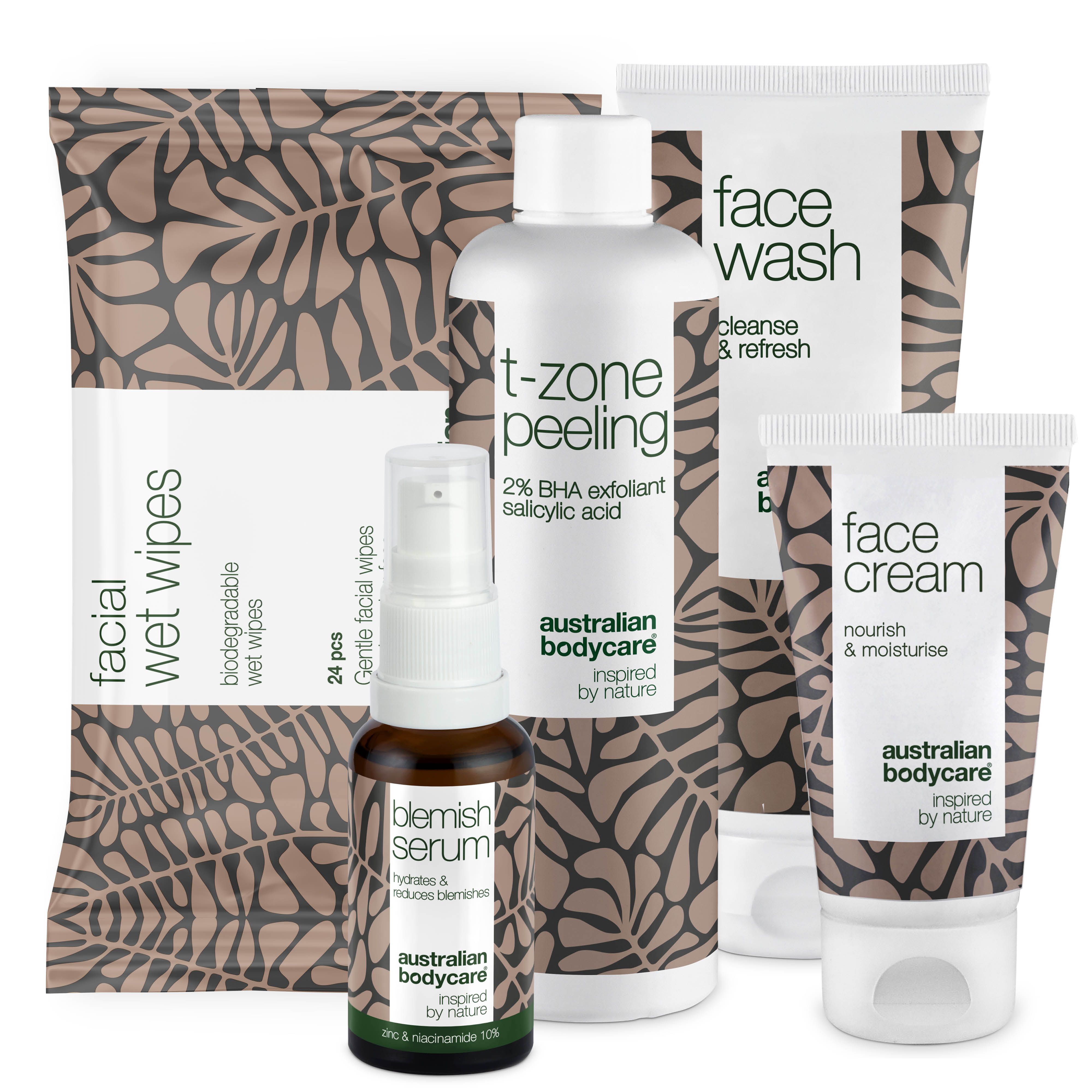 Set mit Produkten für die T-Zone. Enthält Reinigungstücher, Serum, Gesichtscreme, Waschgel und Peeling.