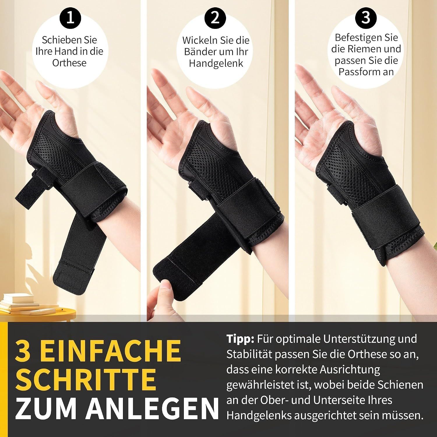 Anlegen einer Handgelenkbandage in drei Schritten.