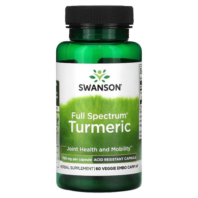 Grüne Flasche mit schwarzem Deckel. Aufschrift: SWANSON, Full Spectrum Turmeric, 750 mg pro Kapsel.