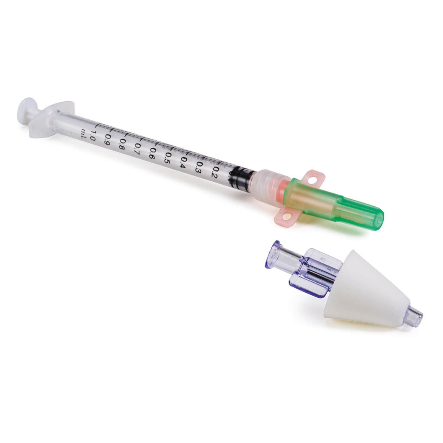 1-ml-Spritze mit Nasalzerstäuber-Aufsatz und separatem Nasenadapter.