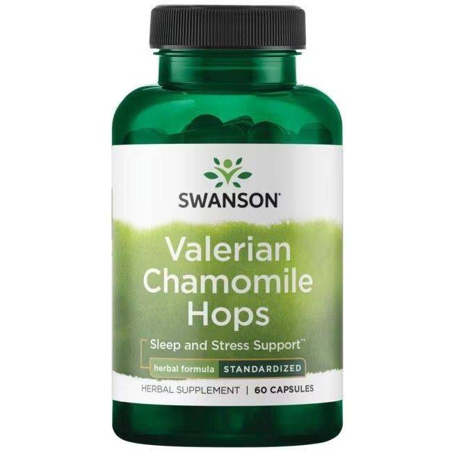 Grüne Flasche mit schwarzen Deckel. Aufschrift: Valerian Chamomile Hops, Sleep and Stress Support, Herbal Supplement, 60 Kapseln.
